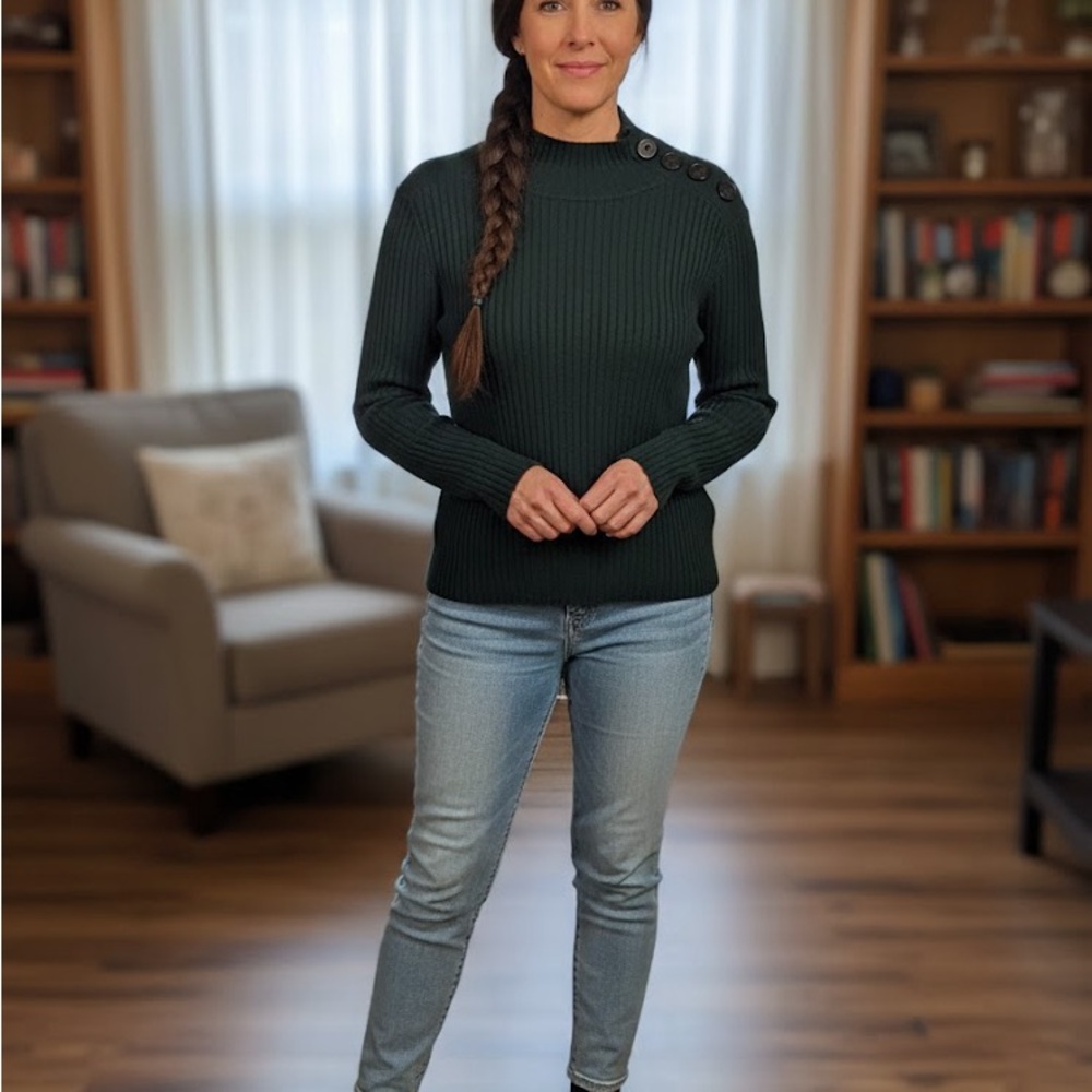 Revamped Dark Green Ribbed Button-Shoulder Sweater
